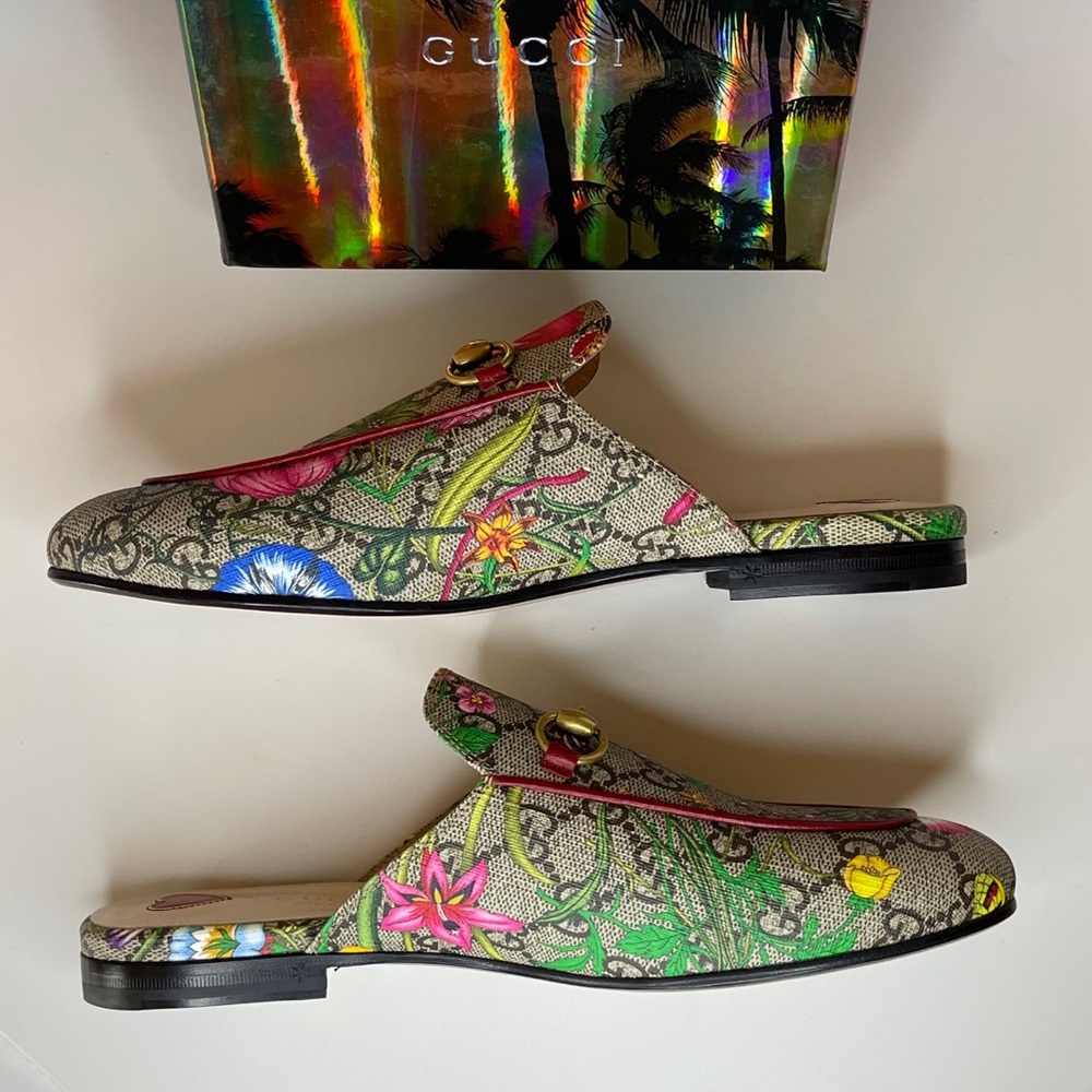 GUCCI Princetown Horsebit GG Supreme Flora Print Slippers Sandals Slip-on Shoes - Picture 2 of 13